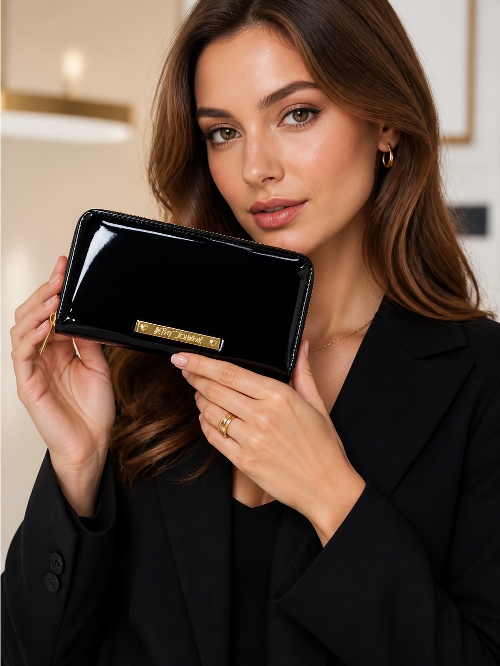 Betsey Johnson Black Patent Zip-Around Wallet with Gold Plate - Picture 4 of 6